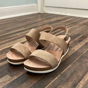 Wedge sandals, never worn (except for trying on). Size 7, Tan.
